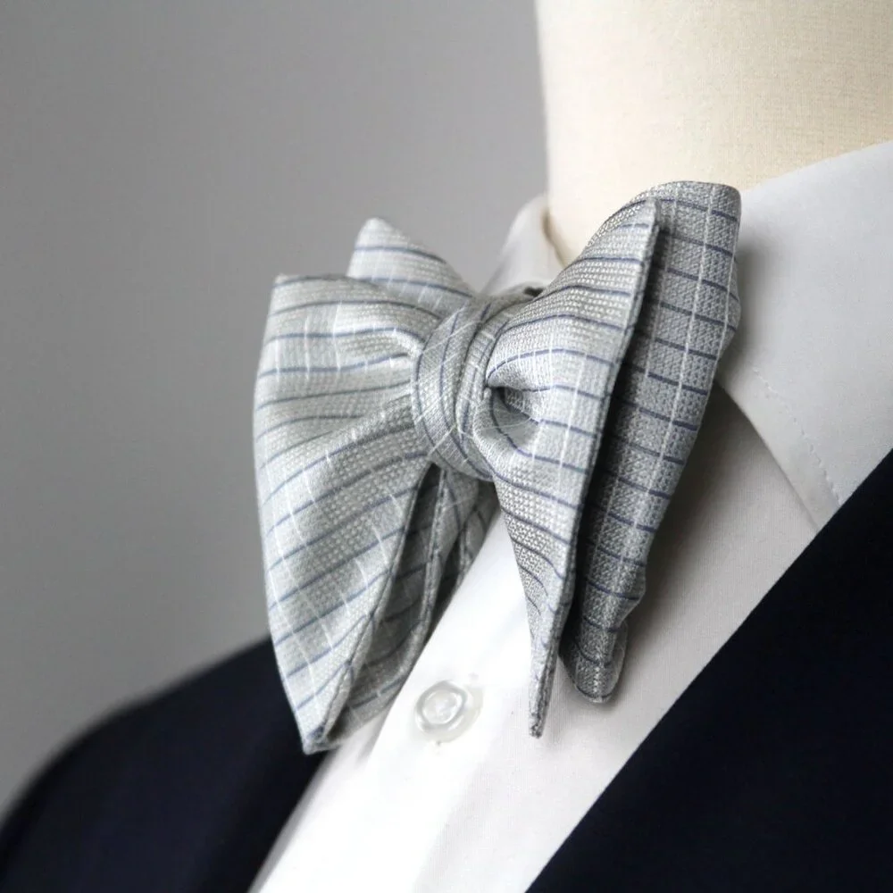 Men's 100% Silk Self-Tied Bow Tie Big Butterfly Blue Micro Plaid Made USA‎ S724
